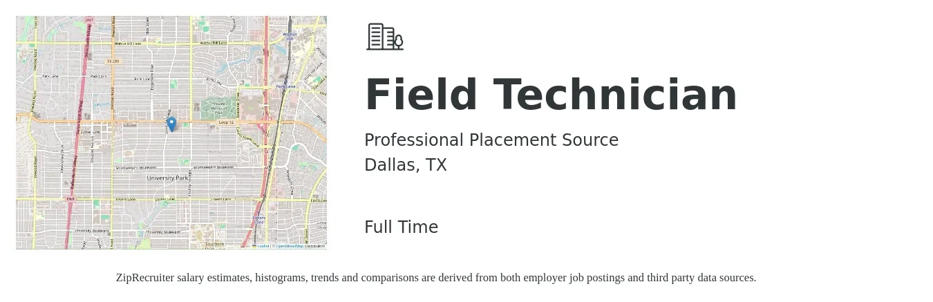 Professional Placement Source job posting for a Field Technician in Dallas, TX with a salary of $20 to $27 Hourly with a map of Dallas location.
