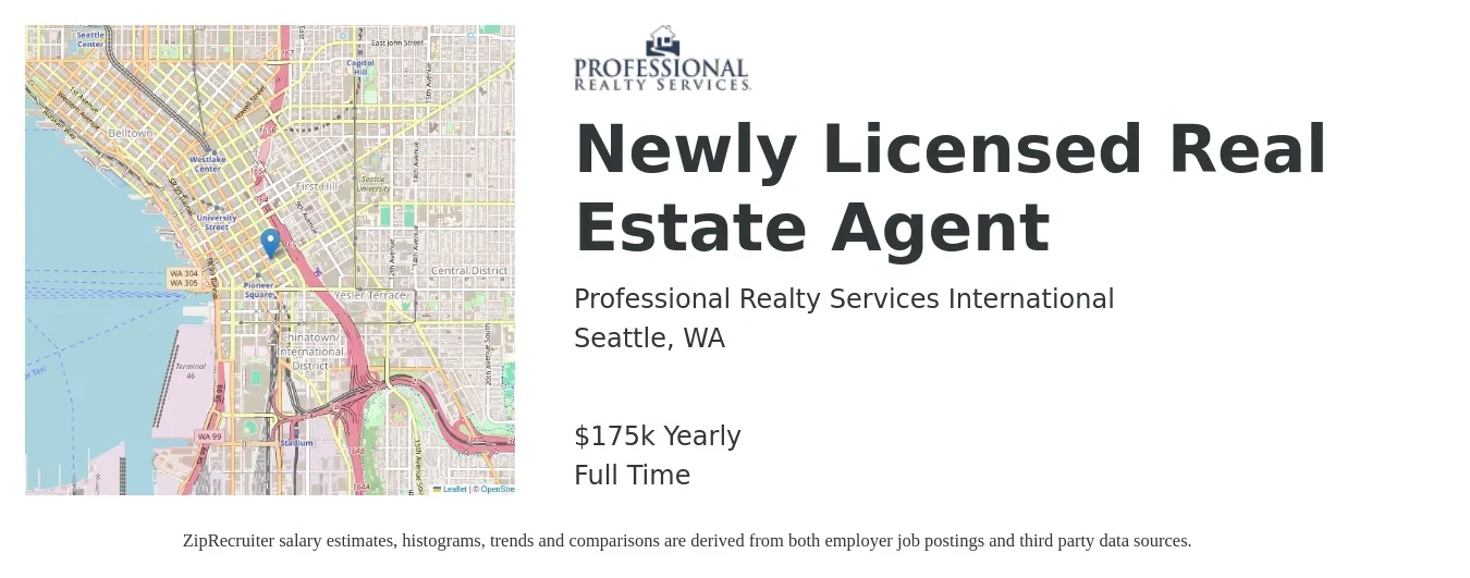 Professional Realty Services International job posting for a Newly Licensed Real Estate Agent in Seattle, WA with a salary of $175,000 Yearly with a map of Seattle location.