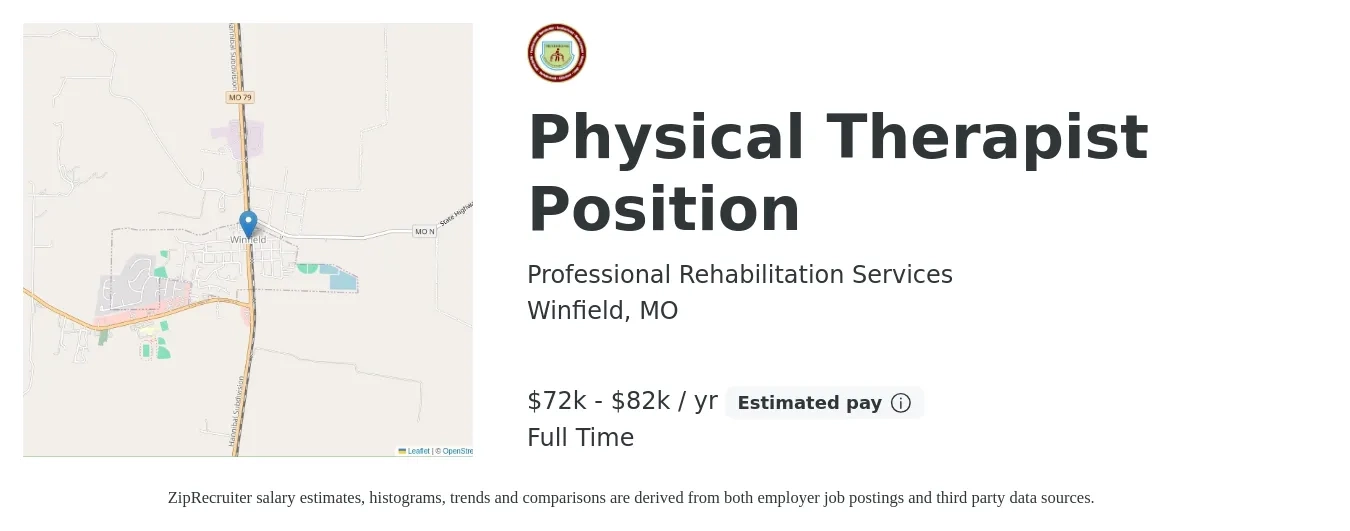 Professional Rehabilitation Services job posting for a Physical Therapist Position in Winfield, MO with a salary of $72,500 to $82,500 Yearly with a map of Winfield location.
