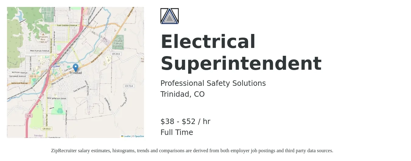 Professional Safety Solutions job posting for a Electrical Superintendent in Trinidad, CO with a salary of $40 to $55 Hourly with a map of Trinidad location.