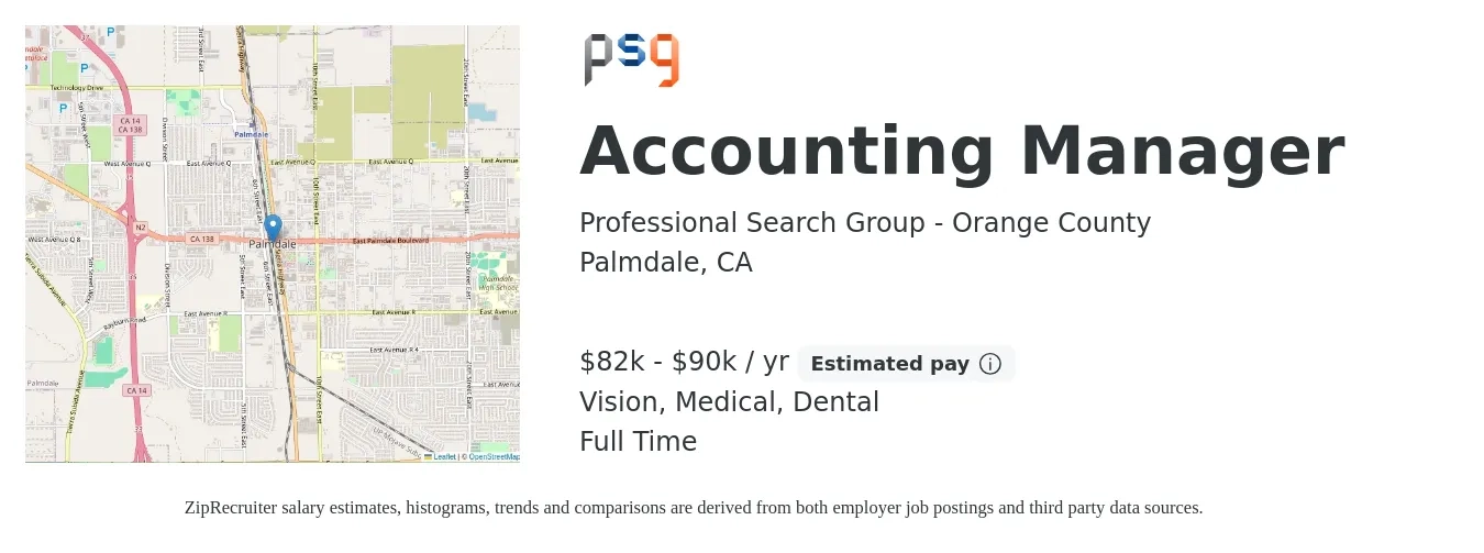 Professional Search Group - Orange County job posting for a Accounting Manager in Palmdale, CA with a salary of $82,000 to $90,000 Yearly and benefits including vision, dental, medical, and pto with a map of Palmdale location.