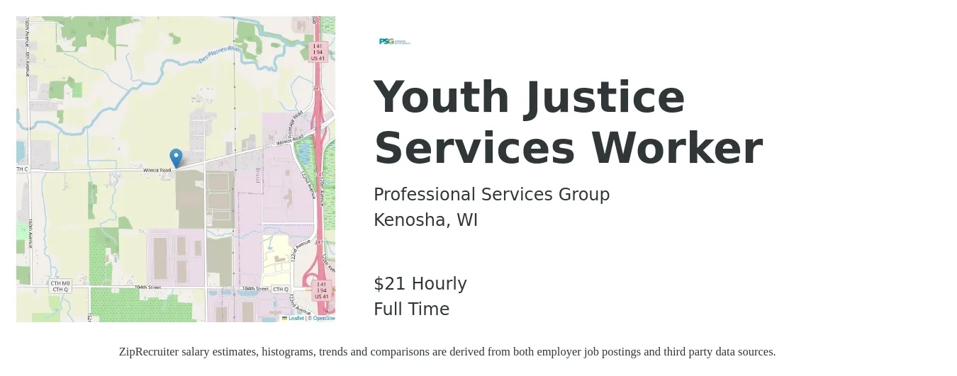 Professional Services Group job posting for a Youth Justice Services Worker in Kenosha, WI with a salary of $22 Hourly with a map of Kenosha location.