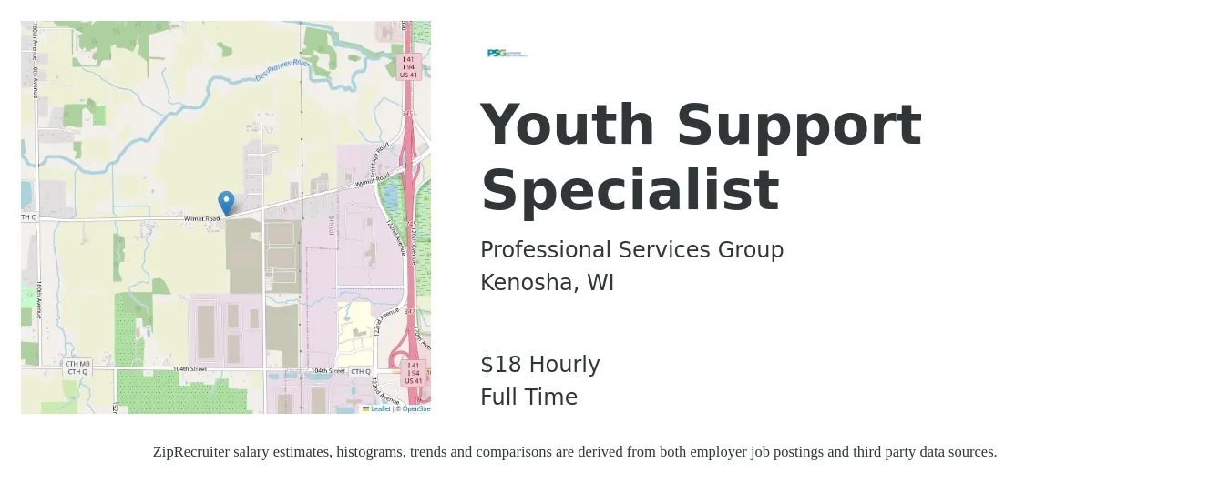 Professional Services Group job posting for a Youth Support Specialist in Kenosha, WI with a salary of $19 Hourly with a map of Kenosha location.
