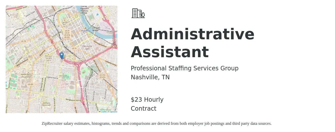Professional Staffing Services Group job posting for a Administrative Assistant in Nashville, TN with a salary of $25 to $25 Hourly with a map of Nashville location.