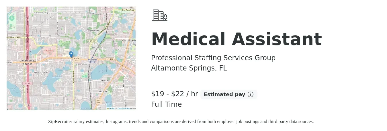 Professional Staffing Services Group job posting for a Medical Assistant in Altamonte Springs, FL with a salary of $20 to $23 Hourly with a map of Altamonte Springs location.