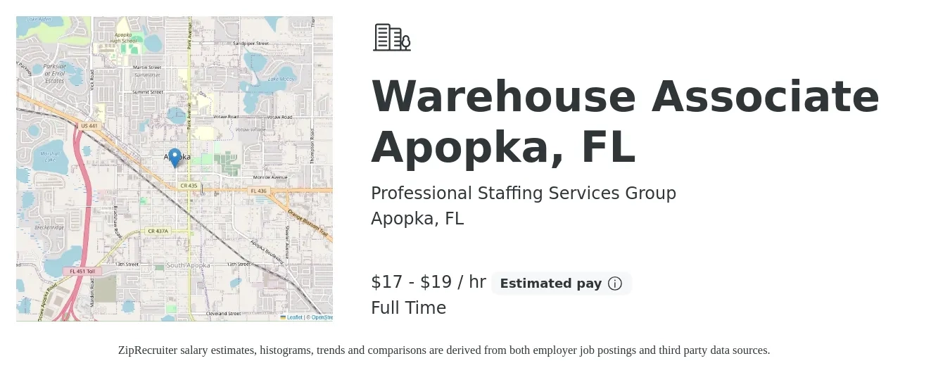Professional Staffing Services Group job posting for a Warehouse Associate Apopka, FL in Apopka, FL with a salary of $18 to $20 Hourly with a map of Apopka location.