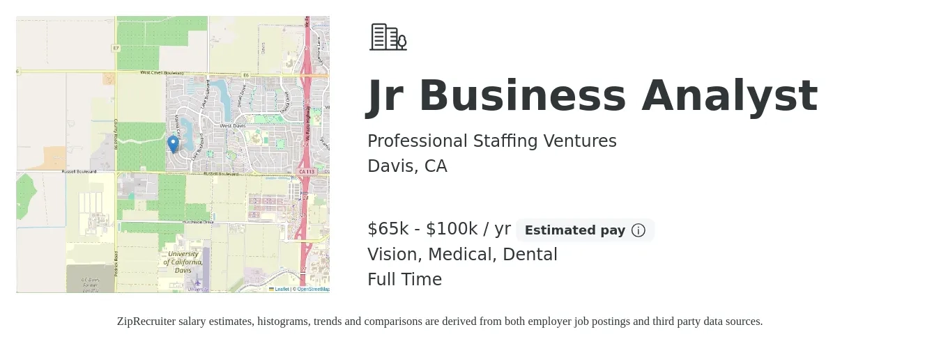 Professional Staffing Ventures job posting for a Jr Business Analyst in Davis, CA with a salary of $65,000 to $100,000 Yearly and benefits including vision, dental, life_insurance, medical, pto, and retirement with a map of Davis location.
