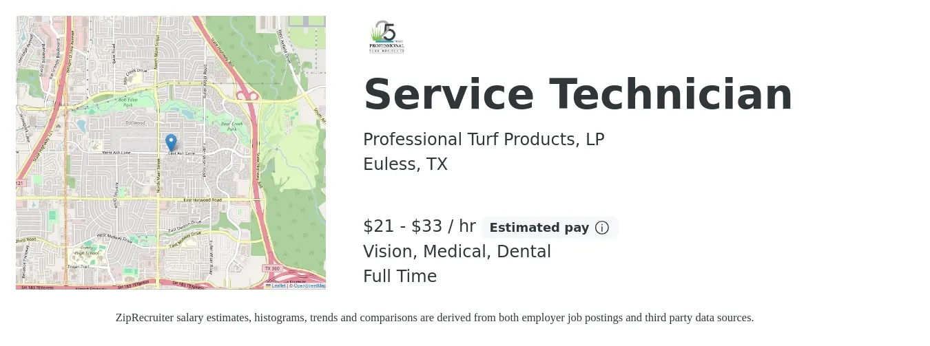 Professional Turf Products, LP job posting for a Service Technician in Euless, TX with a salary of $22 to $35 Hourly and benefits including medical, pto, retirement, vision, dental, and life_insurance with a map of Euless location.
