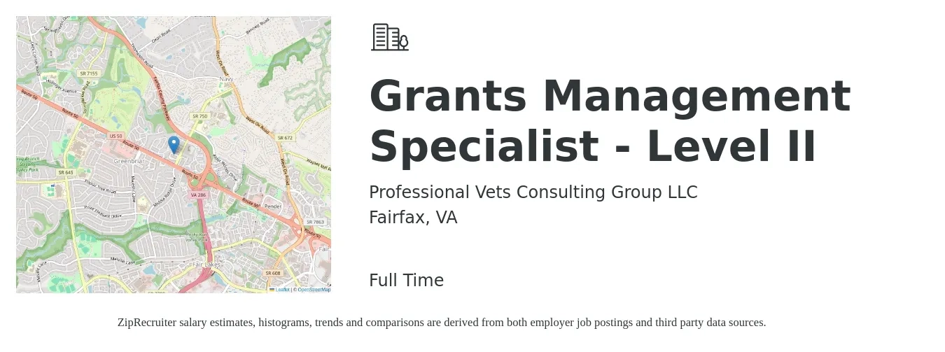 Professional Vets Consulting Group LLC job posting for a Grants Management Specialist - Level II in Fairfax, VA with a salary of $58,300 to $100,800 Yearly with a map of Fairfax location.