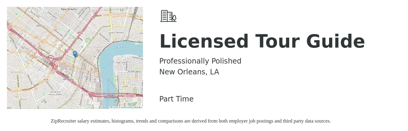 Professionally Polished job posting for a Licensed Tour Guide in New Orleans, LA with a salary of $14 to $21 Hourly with a map of New Orleans location.