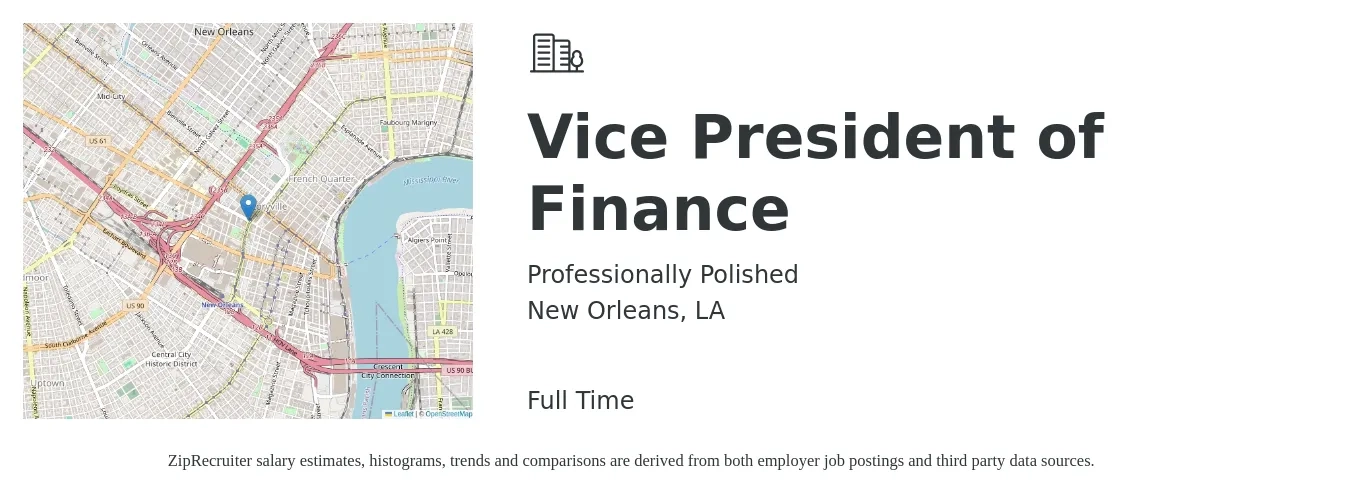 Professionally Polished job posting for a Vice President of Finance in New Orleans, LA with a salary of $131,100 to $190,600 Yearly with a map of New Orleans location.