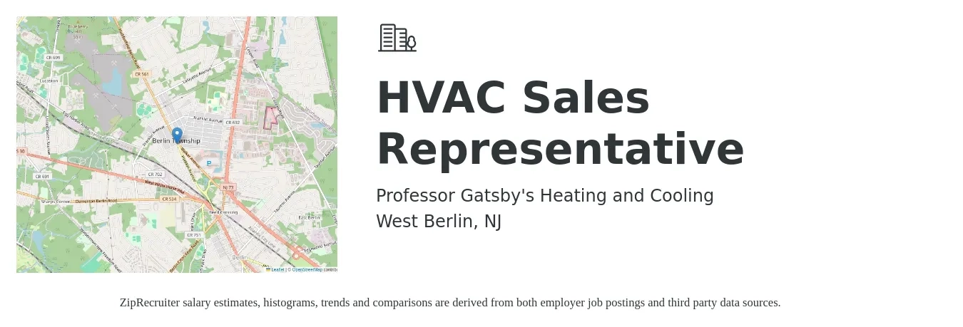 Professor Gatsby's Heating and Cooling job posting for a HVAC Sales Representative in West Berlin, NJ with a salary of $80,000 to $200,000 Yearly with a map of West Berlin location.
