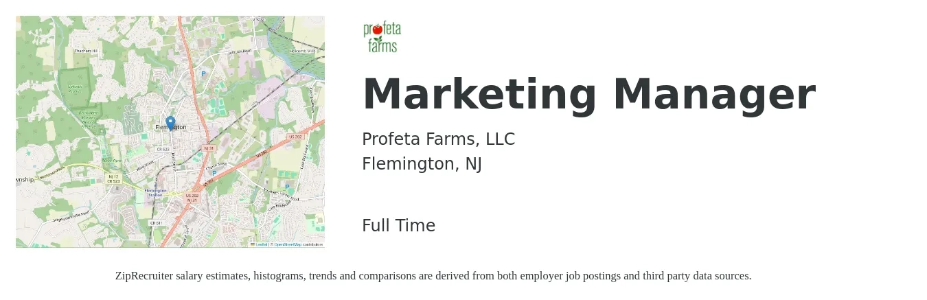 Profeta Farms, LLC job posting for a Marketing Manager in Flemington, NJ with a salary of $60,700 to $99,100 Yearly with a map of Flemington location.