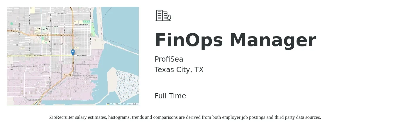 ProfiSea job posting for a FinOps Manager in Texas City, TX with a salary of $35,900 to $58,600 Yearly with a map of Texas City location.