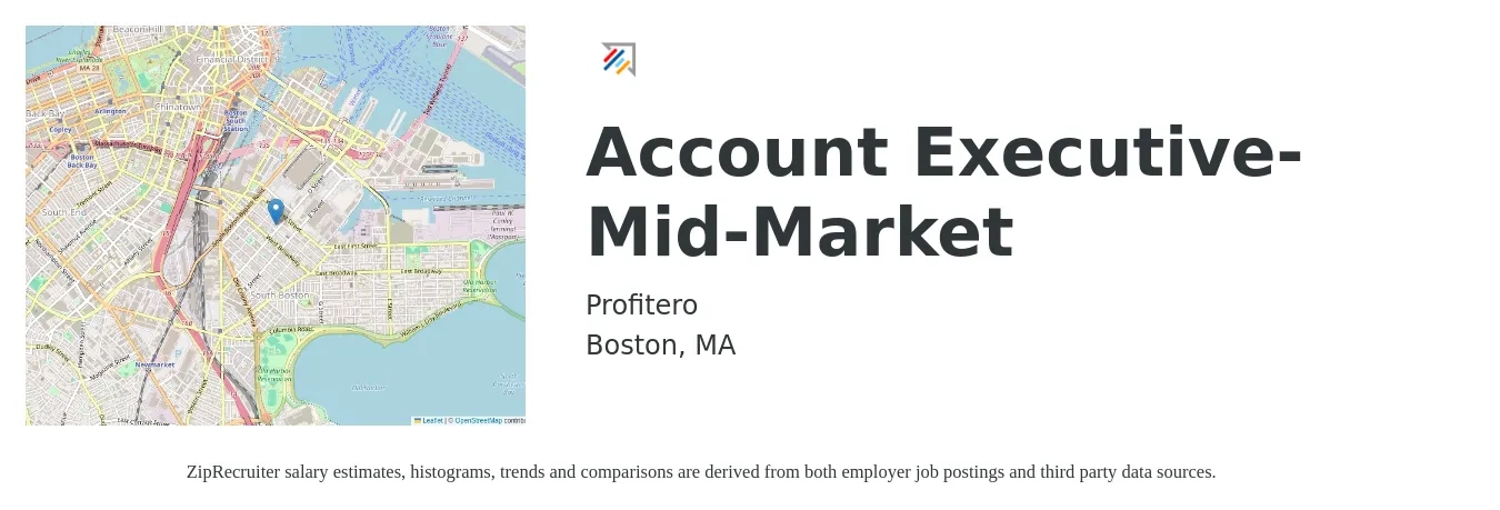 Profitero job posting for a Account Executive- Mid-Market in Boston, MA with a salary of $58,500 to $102,900 Yearly with a map of Boston location.