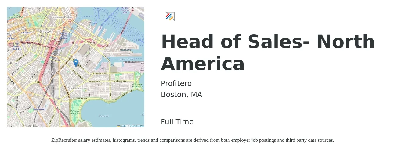 Profitero job posting for a Head of Sales- North America in Boston, MA with a salary of $76,400 to $135,400 Yearly with a map of Boston location.