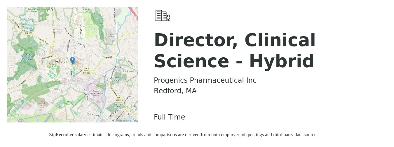 Progenics Pharmaceutical Inc job posting for a Director, Clinical Science - Hybrid in Bedford, MA with a salary of $84,100 to $114,600 Yearly with a map of Bedford location.