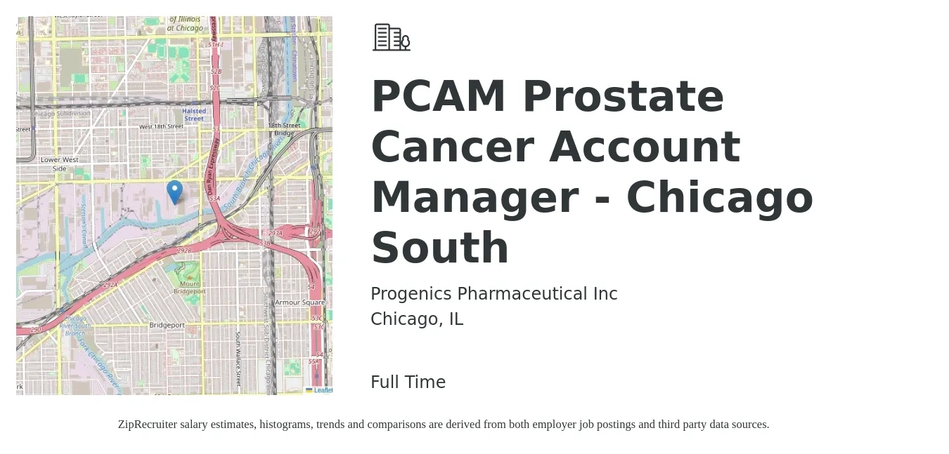 Progenics Pharmaceutical Inc job posting for a PCAM Prostate Cancer Account Manager - Chicago South in Chicago, IL with a salary of $49,400 to $80,900 Yearly with a map of Chicago location.