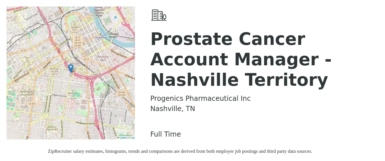 Progenics Pharmaceutical Inc job posting for a Prostate Cancer Account Manager - Nashville Territory in Nashville, TN with a salary of $60,400 to $176,800 Yearly with a map of Nashville location.