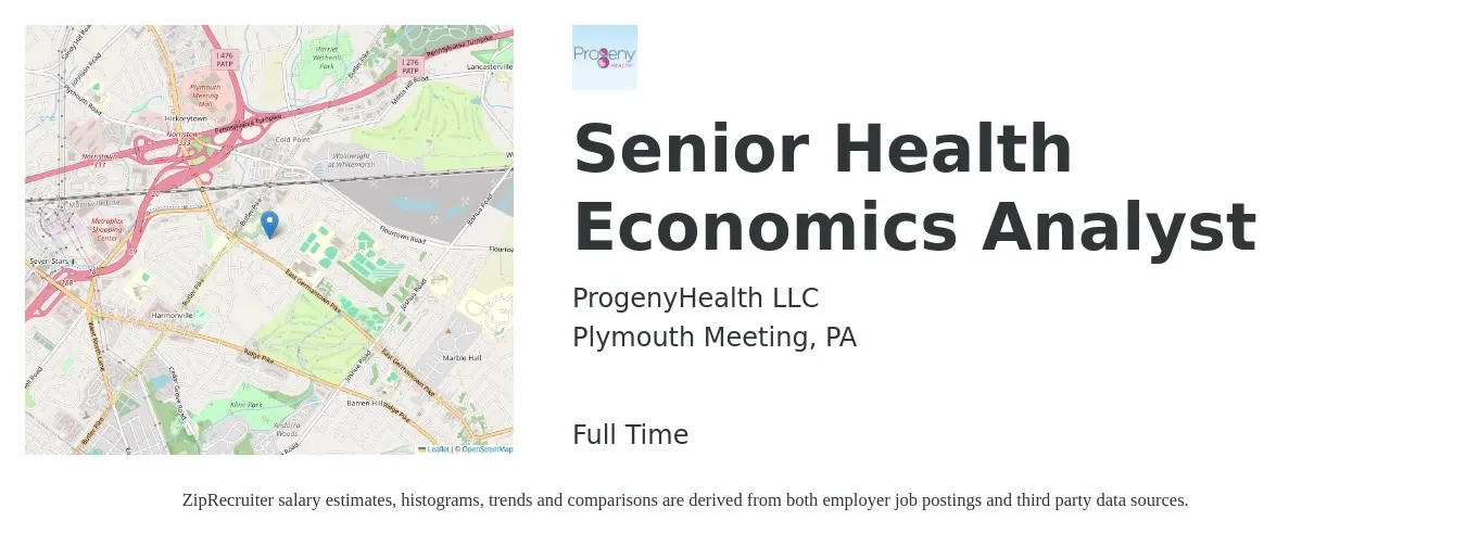 ProgenyHealth LLC job posting for a Senior Health Economics Analyst in Plymouth Meeting, PA with a salary of $86,800 to $114,900 Yearly with a map of Plymouth Meeting location.