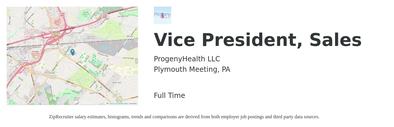 ProgenyHealth LLC job posting for a Vice President, Sales in Plymouth Meeting, PA with a salary of $123,300 to $192,300 Yearly with a map of Plymouth Meeting location.