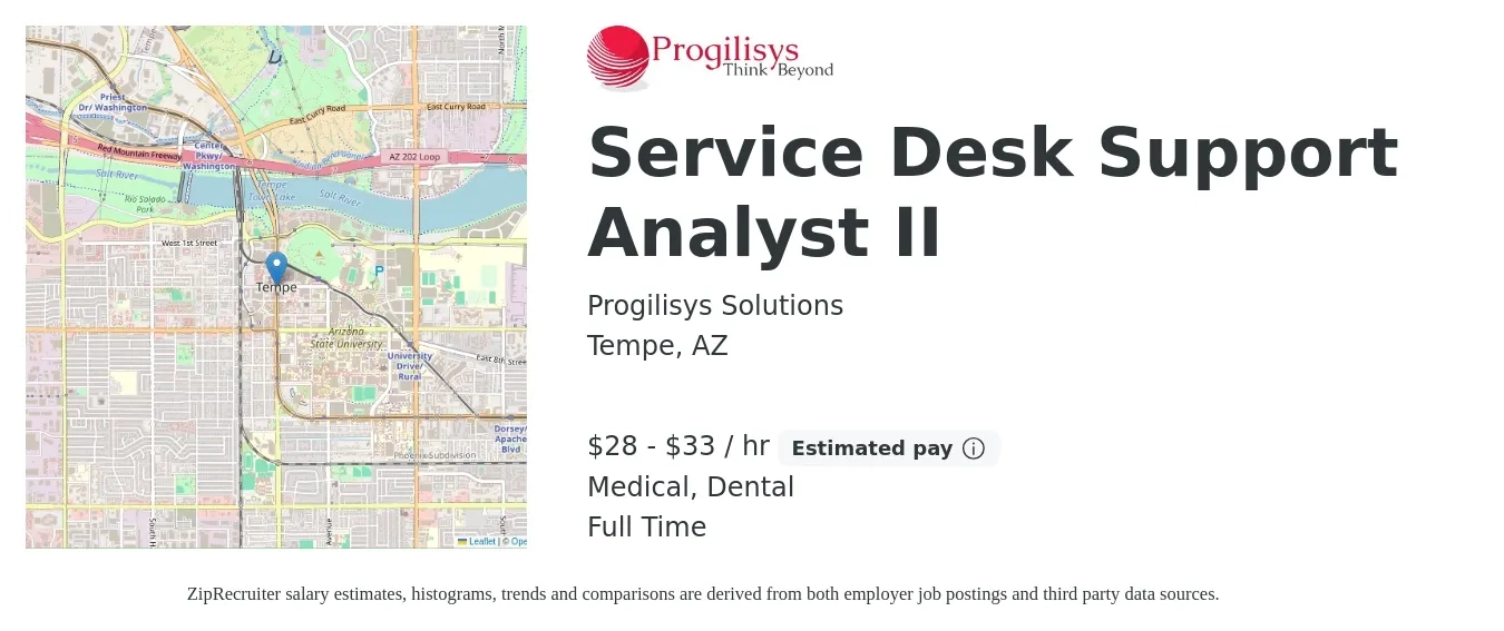 Progilisys Solutions job posting for a Service Desk Support Analyst II in Tempe, AZ with a salary of $30 to $35 Hourly and benefits including dental, medical, and pto with a map of Tempe location.