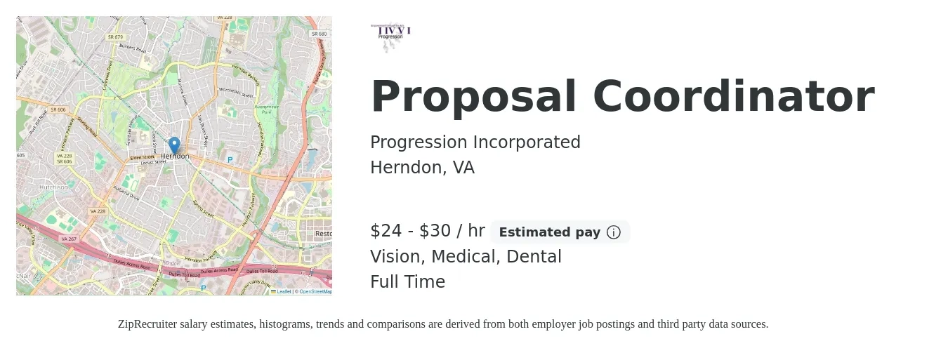 Progression Incorporated job posting for a Proposal Coordinator in Herndon, VA with a salary of $25 to $31 Hourly and benefits including dental, life_insurance, medical, pto, and vision with a map of Herndon location.