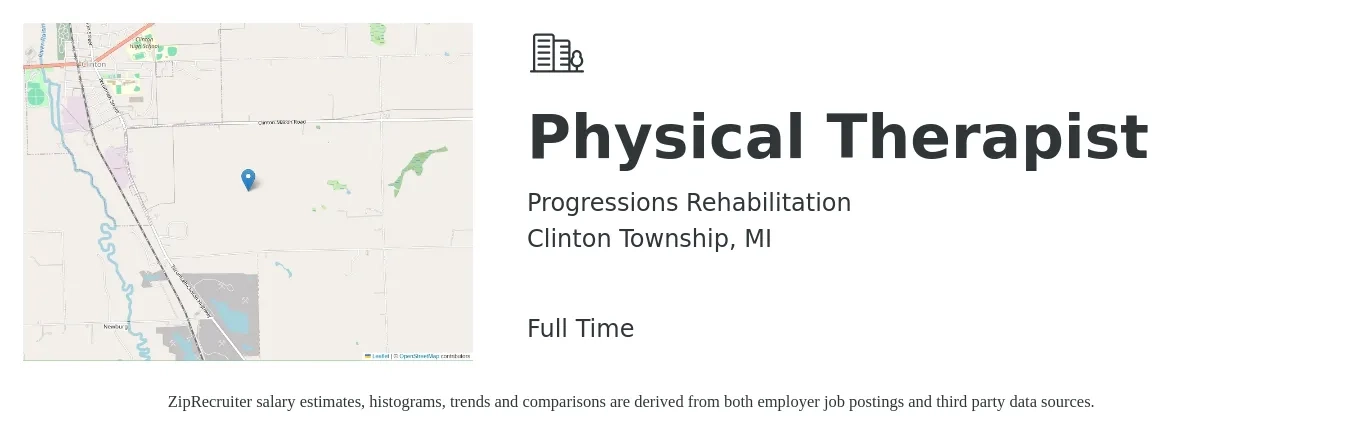 Progressions Rehabilitation job posting for a Physical Therapist in Clinton Township, MI with a salary of $1,640 to $2,120 Weekly with a map of Clinton Township location.
