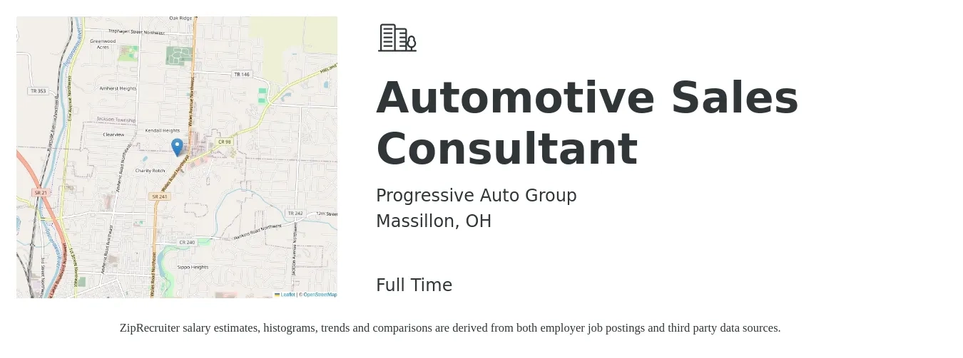 Progressive Auto Group job posting for a Automotive Sales Consultant in Massillon, OH with a salary of $40,000 Yearly with a map of Massillon location.