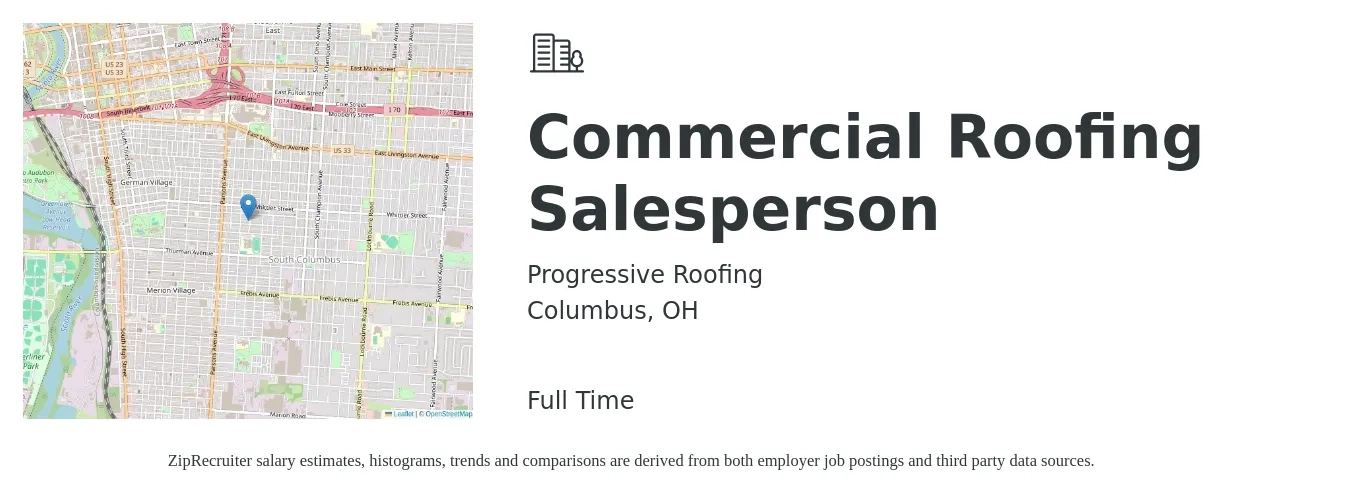 Progressive Roofing job posting for a Commercial Roofing Salesperson in Columbus, OH with a salary of $100,000 Yearly with a map of Columbus location.