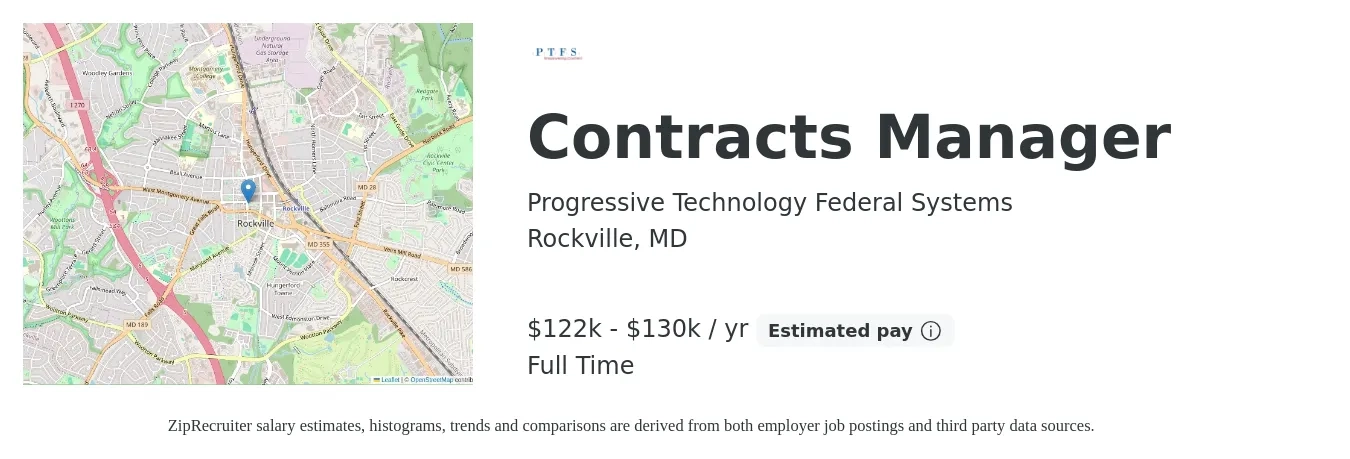 Progressive Technology Federal Systems job posting for a Contracts Manager in Rockville, MD with a salary of $122,000 to $130,000 Yearly with a map of Rockville location.