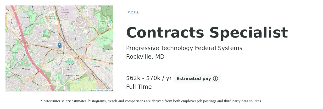 Progressive Technology Federal Systems job posting for a Contracts Specialist in Rockville, MD with a salary of $62,000 to $70,000 Yearly with a map of Rockville location.