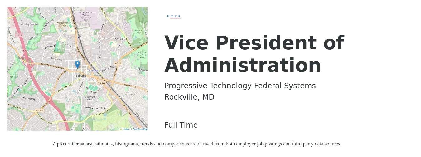 Progressive Technology Federal Systems job posting for a Vice President of Administration in Rockville, MD with a salary of $117,200 to $193,700 Yearly with a map of Rockville location.