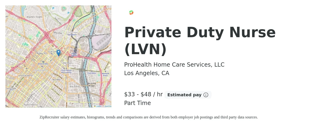 ProHealth Home Care Services, LLC job posting for a Private Duty Nurse (LVN) in Los Angeles, CA with a salary of $35 to $50 Hourly with a map of Los Angeles location.