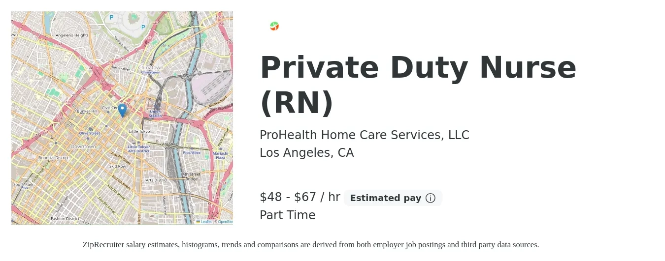 ProHealth Home Care Services, LLC job posting for a Private Duty Nurse (RN) in Los Angeles, CA with a salary of $50 to $70 Hourly with a map of Los Angeles location.