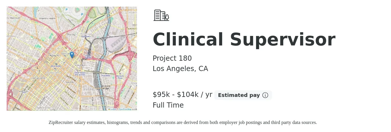 Project 180 job posting for a Clinical Supervisor in Los Angeles, CA with a salary of $89,419 to $102,211 Yearly with a map of Los Angeles location.