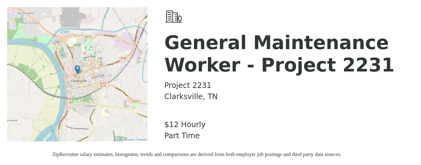 Project 2231 job posting for a General Maintenance Worker - Project 2231 in Clarksville, TN with a salary of $13 Hourly with a map of Clarksville location.