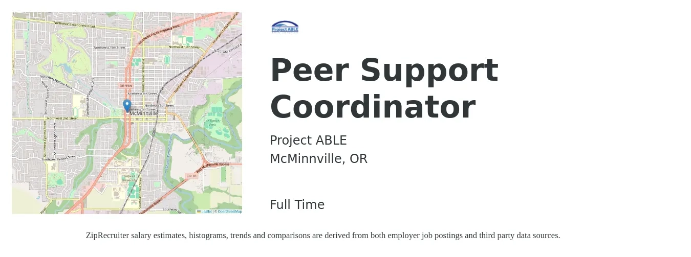 Project ABLE job posting for a Peer Support Coordinator in McMinnville, OR with a salary of $17 to $19 Hourly with a map of McMinnville location.