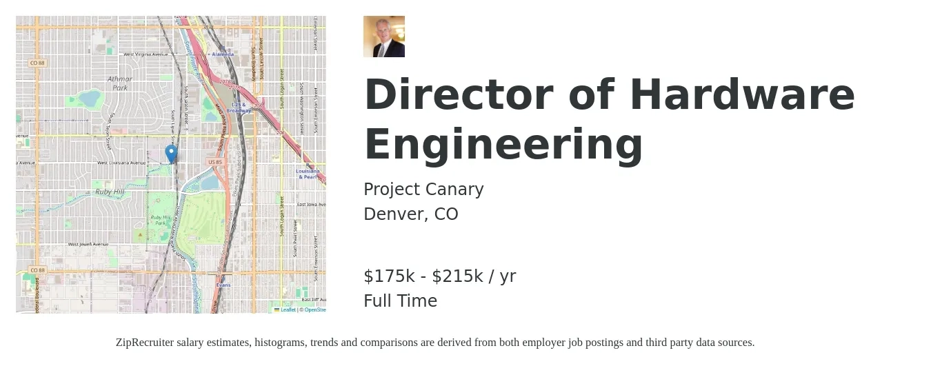 Project Canary job posting for a Director of Hardware Engineering in Denver, CO with a salary of $175,000 to $215,000 Yearly with a map of Denver location.