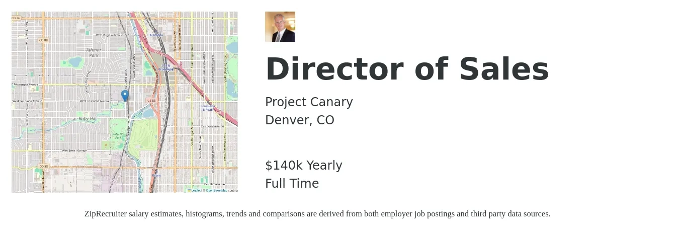 Project Canary job posting for a Director of Sales in Denver, CO with a salary of $140,000 Yearly with a map of Denver location.