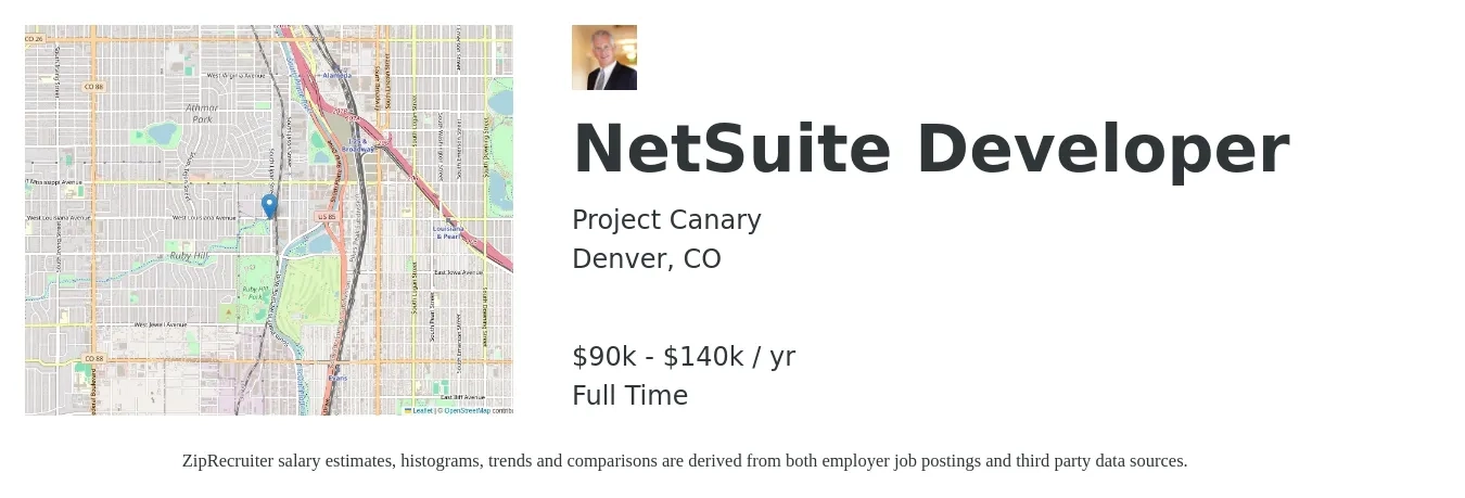 Project Canary job posting for a NetSuite Developer in Denver, CO with a salary of $90,000 to $140,000 Yearly with a map of Denver location.