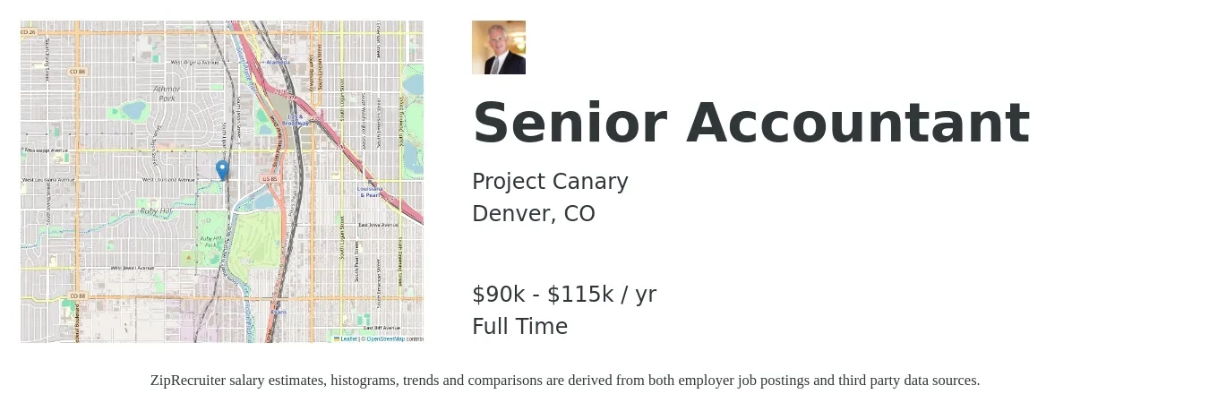 Project Canary job posting for a Senior Accountant in Denver, CO with a salary of $90,000 to $115,000 Yearly with a map of Denver location.
