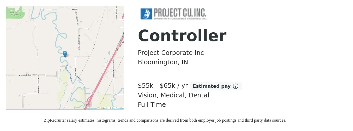 Project Corporate Inc job posting for a Controller in Bloomington, IN with a salary of $55,000 to $65,000 Yearly and benefits including life_insurance, medical, pto, retirement, vision, and dental with a map of Bloomington location.