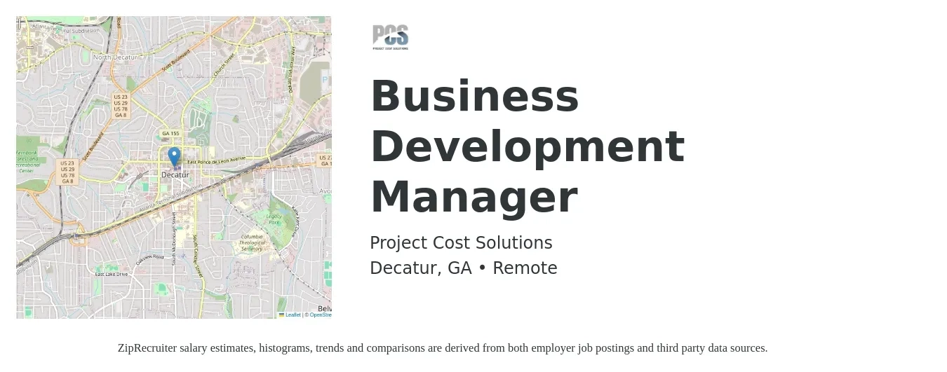 Project Cost Solutions job posting for a Business Development Manager in Decatur, GA with a salary of $59,600 to $97,600 Yearly with a map of Decatur location.