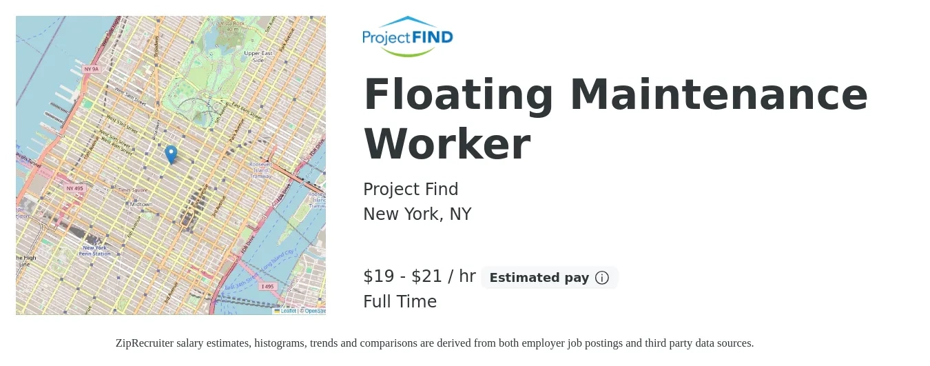 Project Find job posting for a Floating Maintenance Worker in New York, NY with a salary of $20 to $22 Hourly with a map of New York location.
