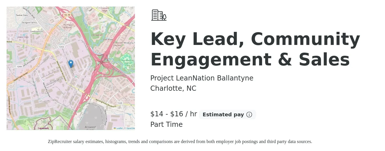 Project LeanNation Ballantyne job posting for a Key Lead, Community Engagement & Sales in Charlotte, NC with a salary of $15 to $17 Hourly (plus commission) with a map of Charlotte location.