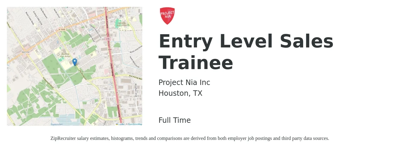 Project Nia Inc job posting for a Entry Level Sales Trainee in Houston, TX with a salary of $14 to $22 Hourly with a map of Houston location.