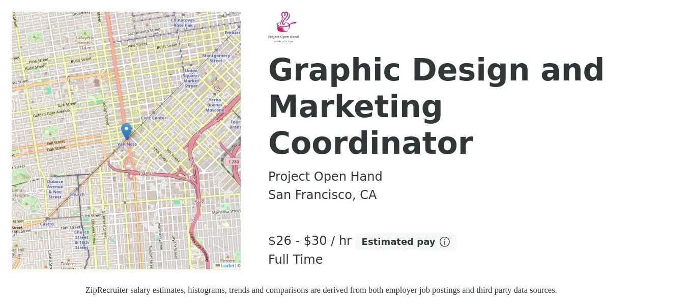 Project Open Hand job posting for a Graphic Design and Marketing Coordinator in San Francisco, CA with a salary of $27 to $32 Hourly with a map of San Francisco location.