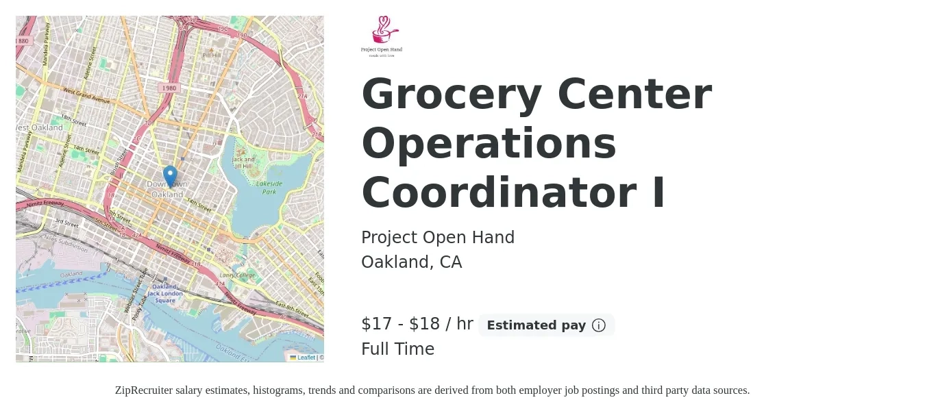 Project Open Hand job posting for a Grocery Center Operations Coordinator I in Oakland, CA with a salary of $18 to $19 Hourly with a map of Oakland location.