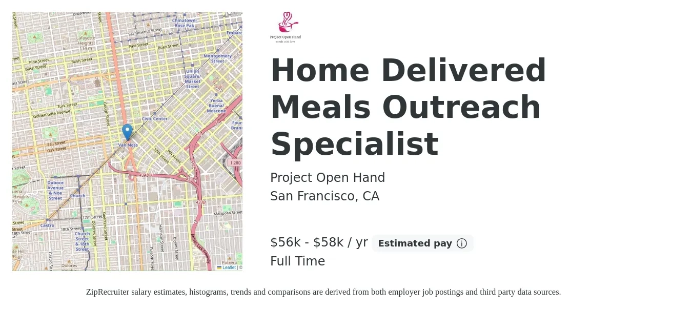 Project Open Hand job posting for a Home Delivered Meals Outreach Specialist in San Francisco, CA with a salary of $56,000 to $58,000 Yearly with a map of San Francisco location.